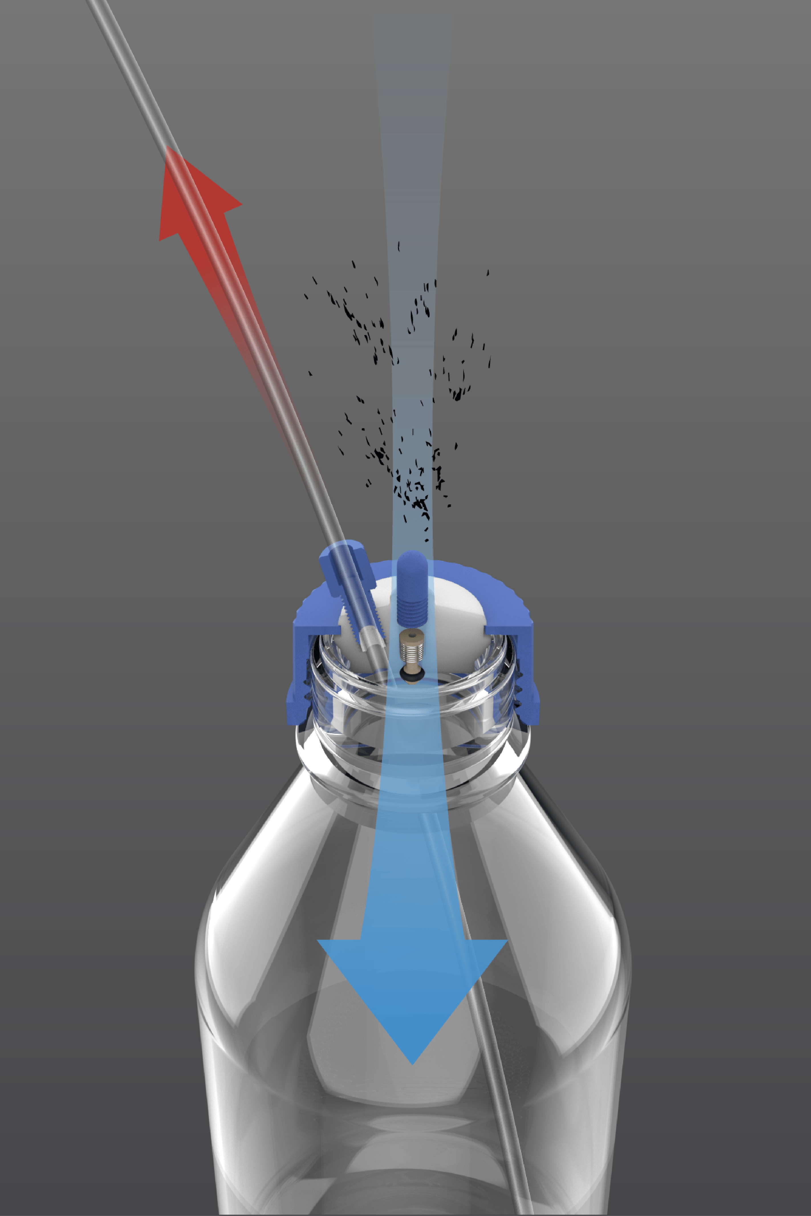 Cross-sectional view of Lab Lids bottle showing carbon filter capturing solvent fumes and preventing VOC release