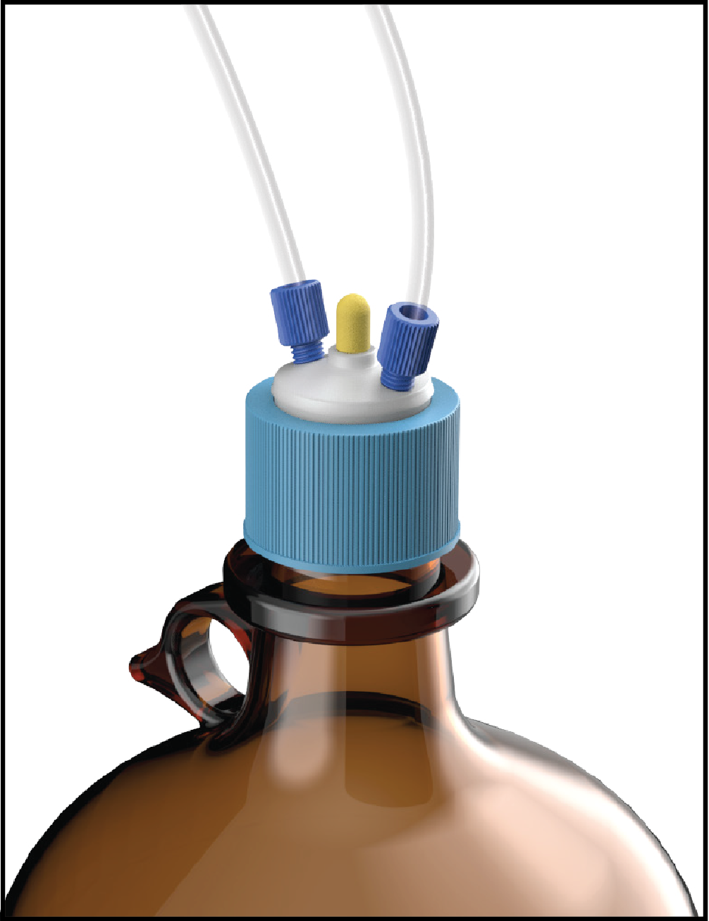 Amber glass bottle fitted with a GL38 solvent cap featuring two tubing ports and one sealed port, actively managing solvent vapor through connected tubing.