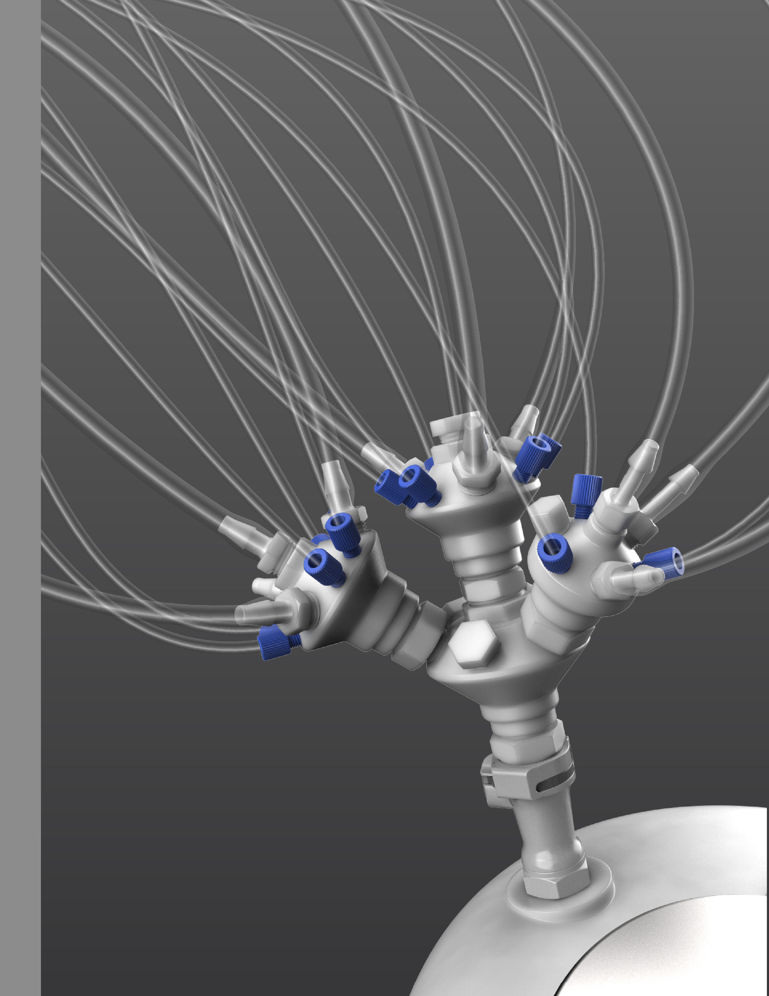 Top-down view of Lab Lids multi-line solvent waste connector with secured tubing for laboratory chemical safety