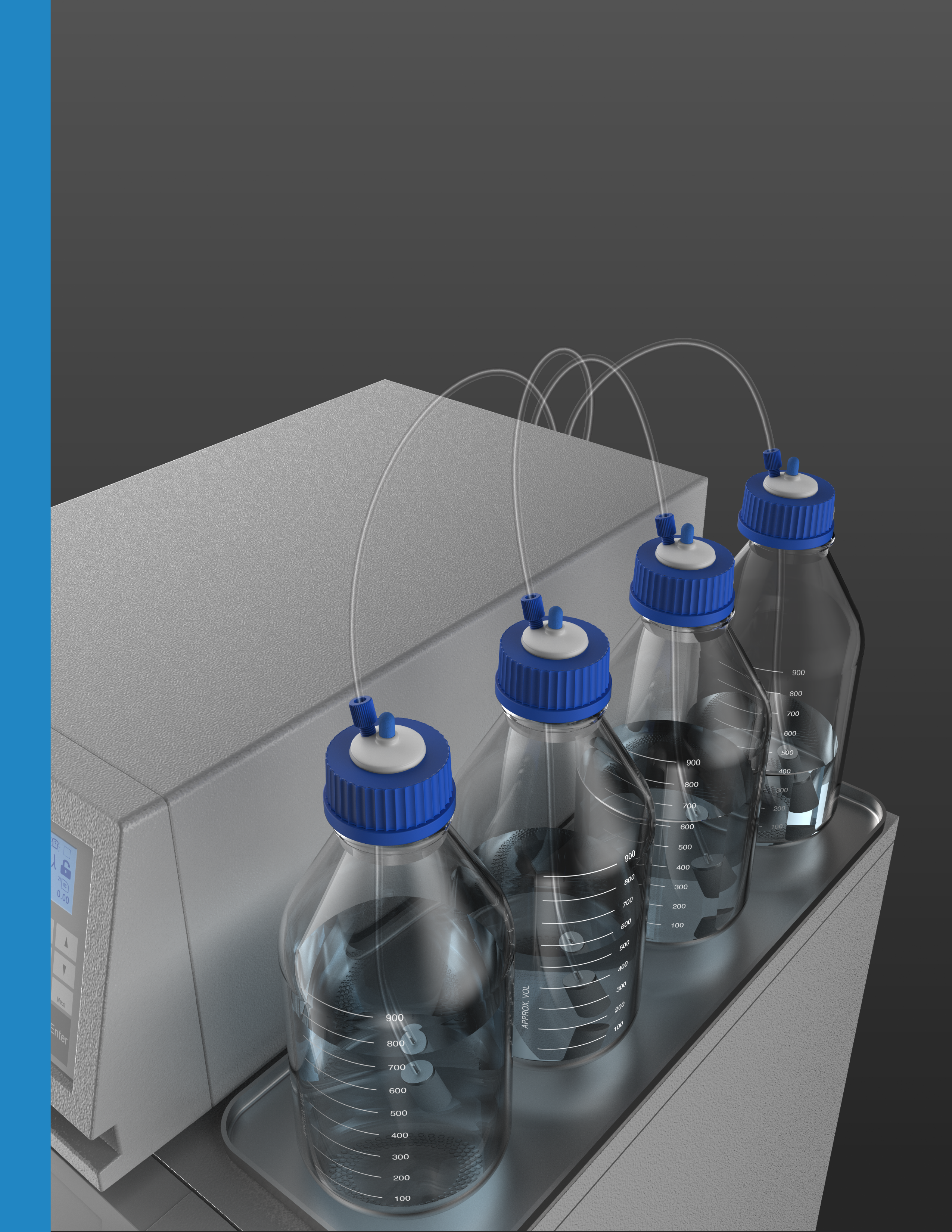 Set of solvent extraction bottles with Lab Lids safety caps and tubing connected to an HPLC instrument