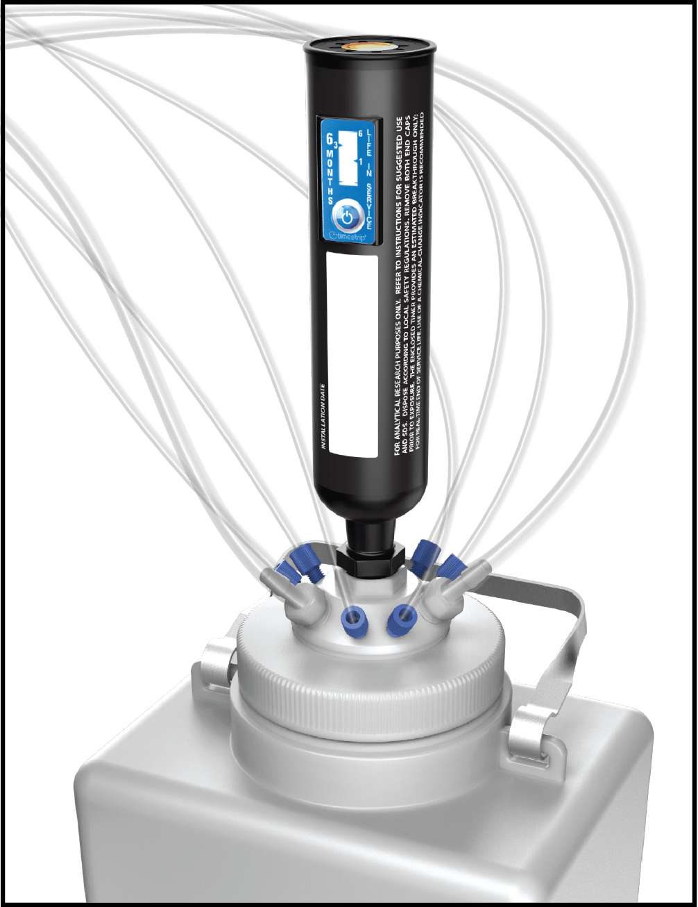 Lab Lids 100mm solvent waste cap with carbon filter and multi-port tubing system mounted on a wide-mouth lab container for closed-loop solvent collection.