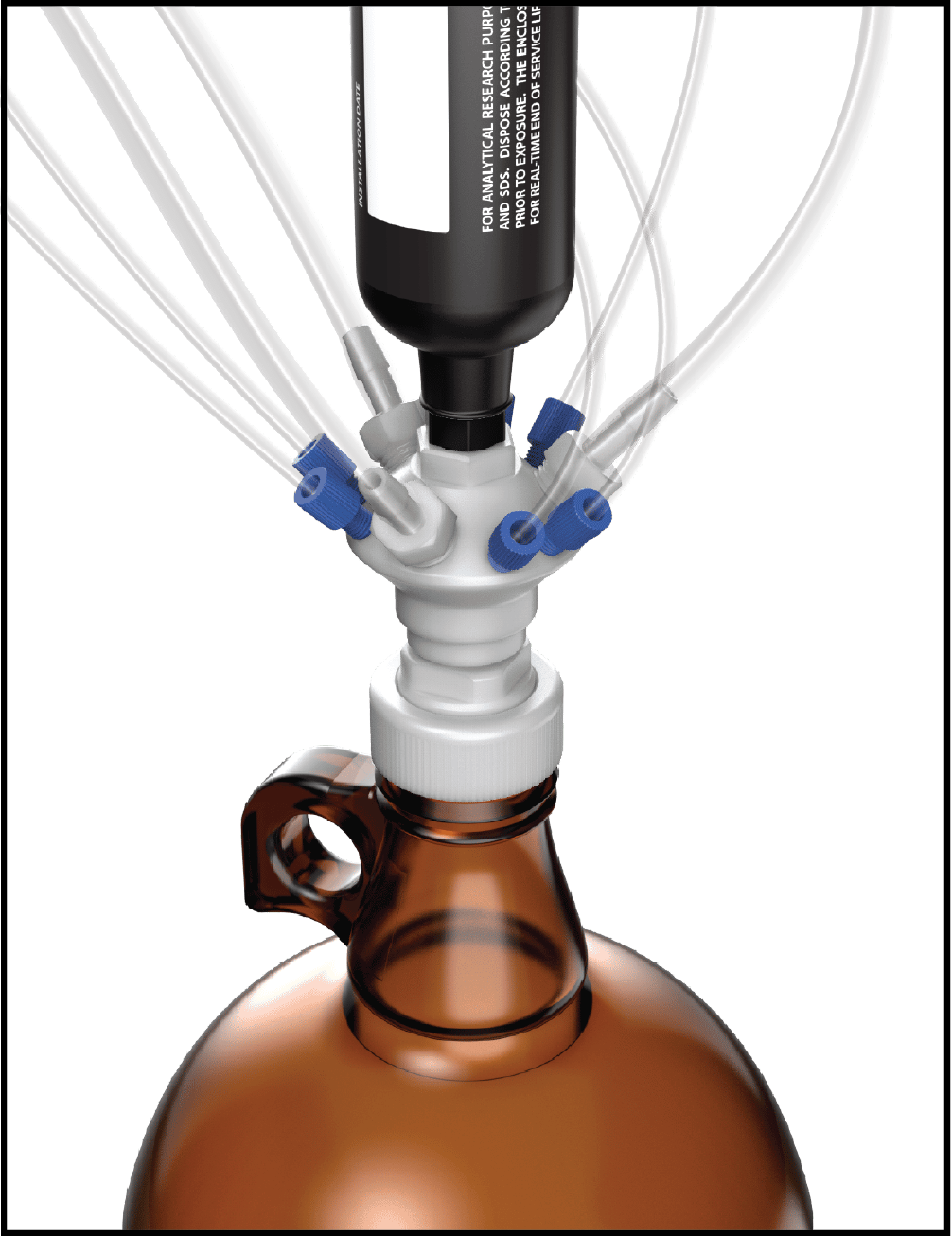 Lab Lids 38-400 solvent waste cap with carbon filter and multi-port tubing attached to an amber solvent bottle for closed-loop HPLC waste containment.