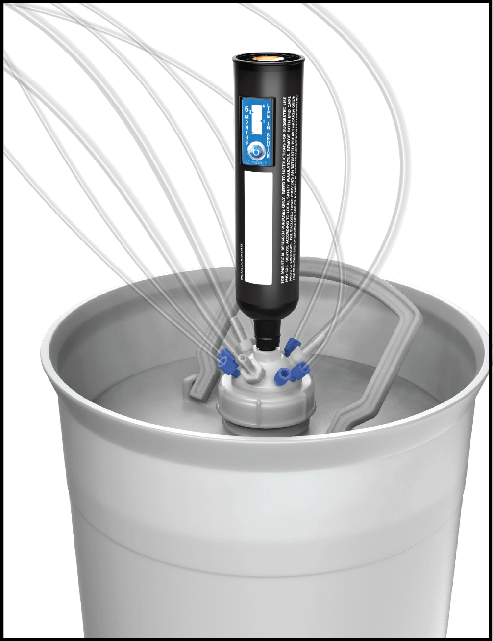63mm cap with solvent waste safety filter and multiple tubing connections installed on a white laboratory drum for chemical waste collection.