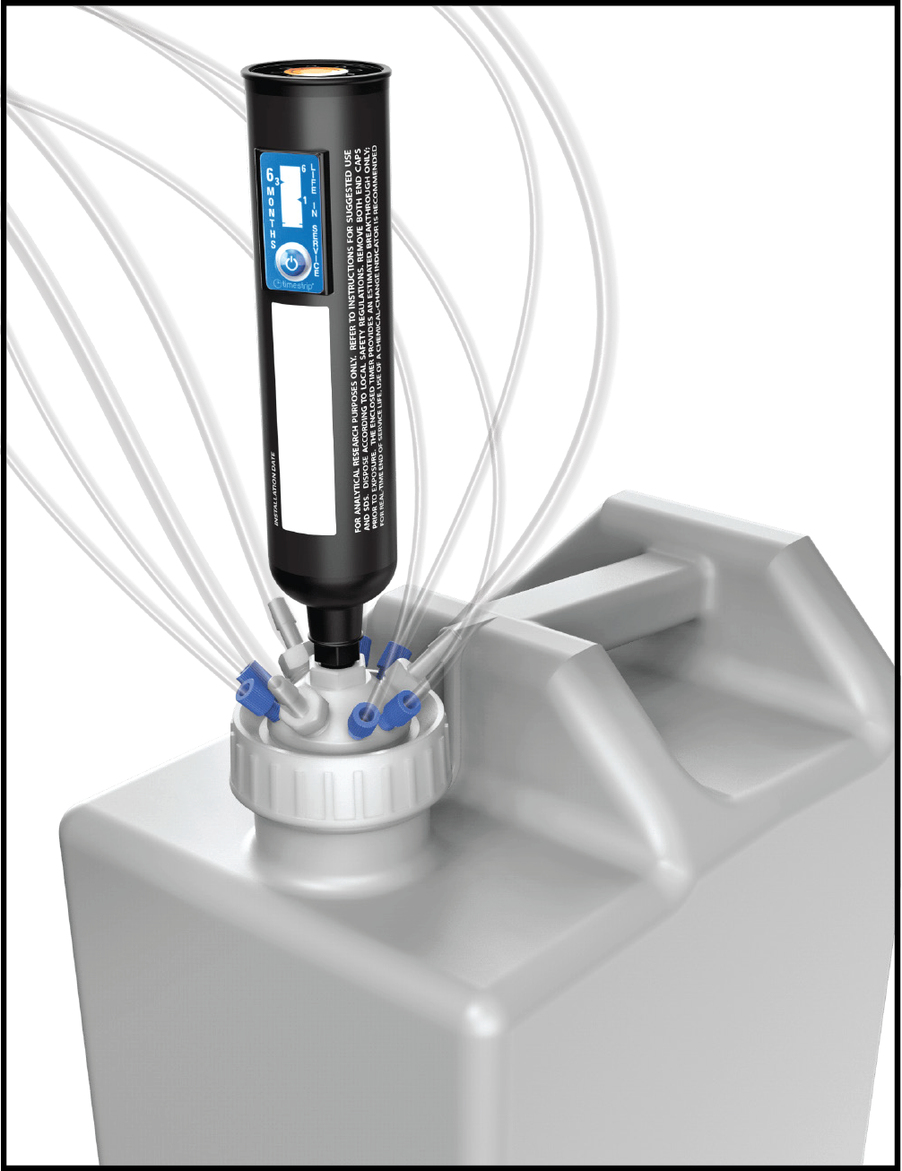 70mm solvent waste cap with carbon exhaust filter and multiple tubing connections mounted on a white HDPE jerrycan, ideal for safe chemical disposal.