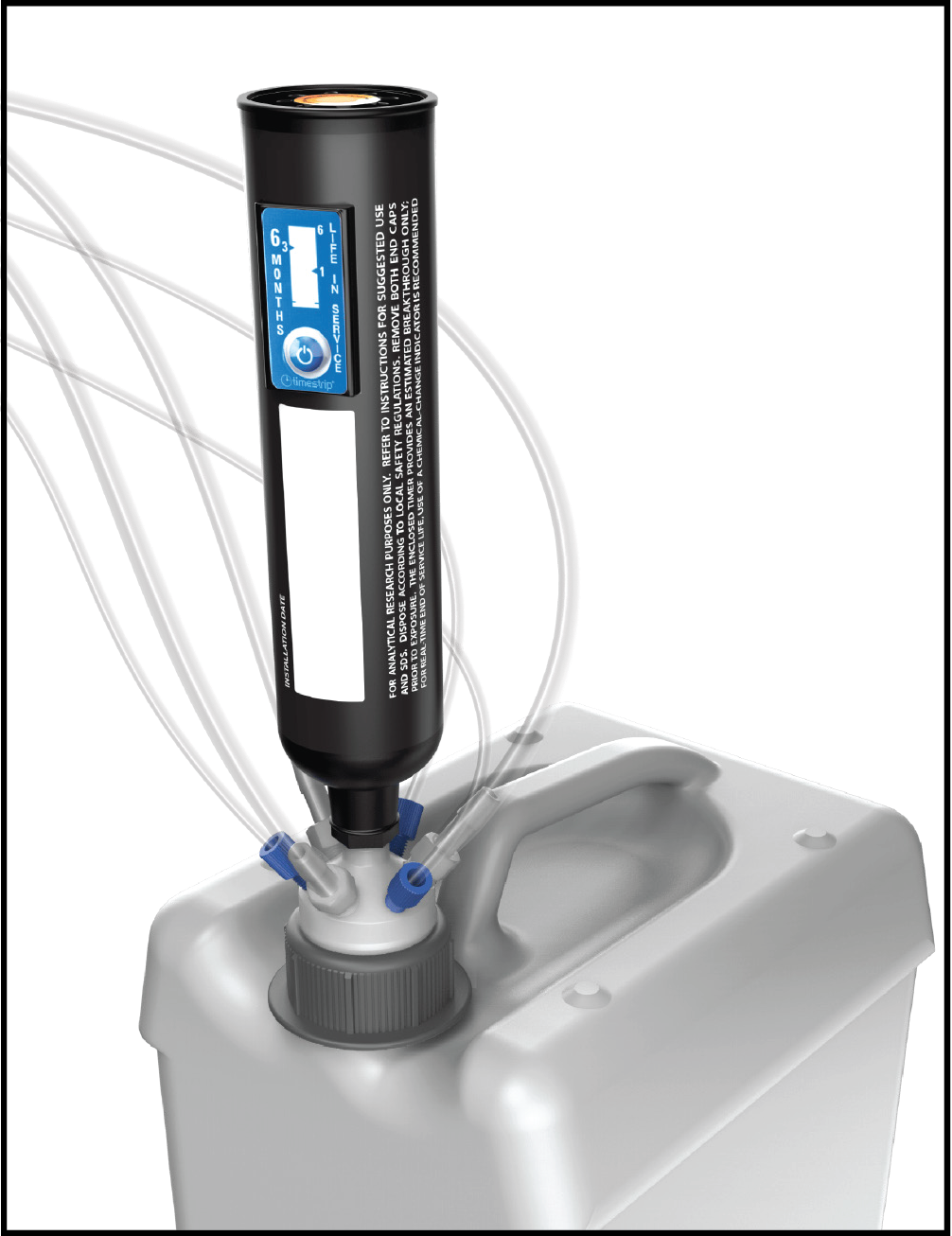 DIN45 solvent waste cap with carbon filter and tubing connections fitted onto a gray laboratory jerrycan, designed for safe solvent waste disposal in lab settings.