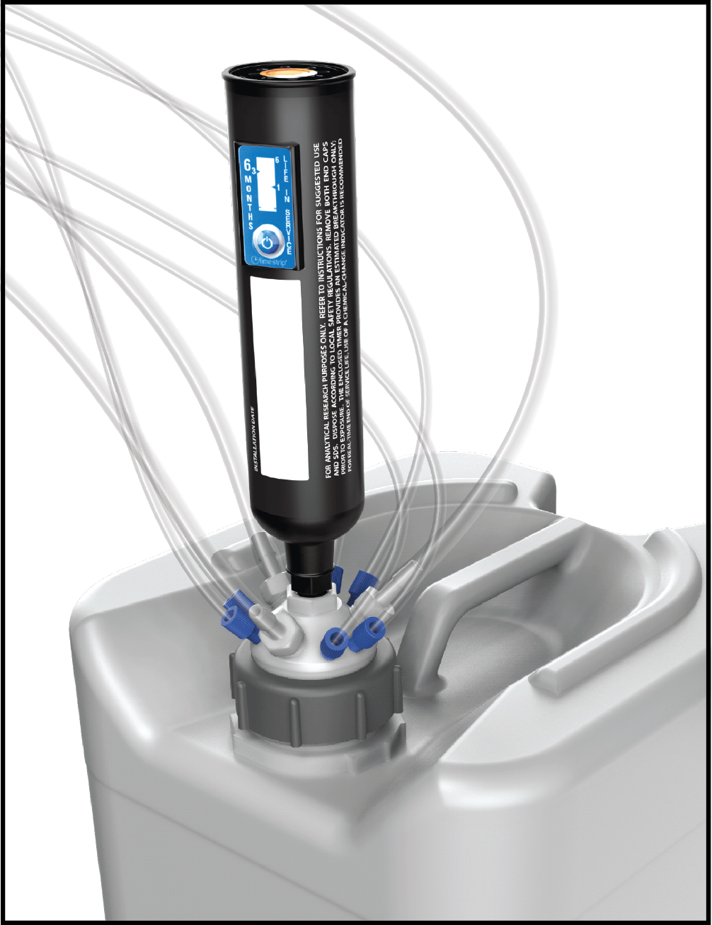 Lab Lids DIN60 solvent waste cap with carbon filter and multi-port tubing mounted on a jerrican container for safe, closed-loop HPLC solvent disposal.