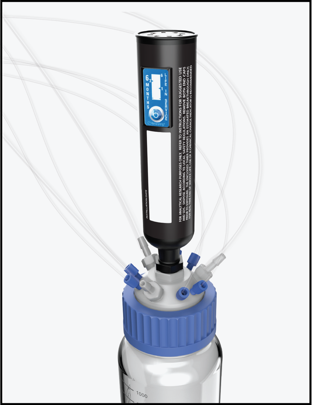 Lab Lids GL80 solvent waste cap with carbon filter and multiple tubing connections mounted on a solvent collection bottle, designed for closed HPLC systems.