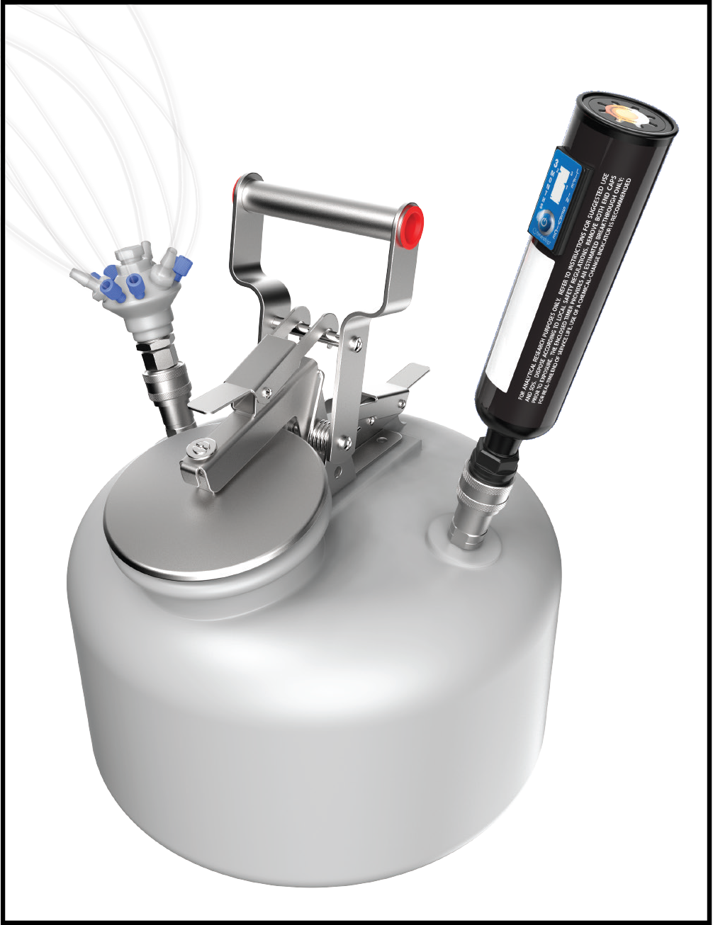 Stainless steel Justrite safety can with integrated carbon exhaust filter and multi-port solvent waste cap, designed for safe laboratory solvent collection and vapor control.
