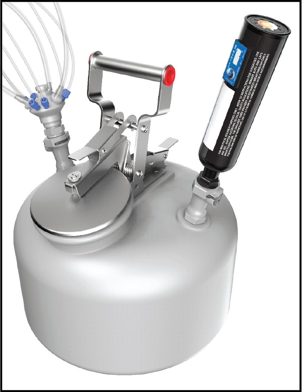 Lab Lids solvent waste cap and carbon filter system installed on a Justrite polypropylene safety can, configured for closed-loop HPLC solvent containment.
