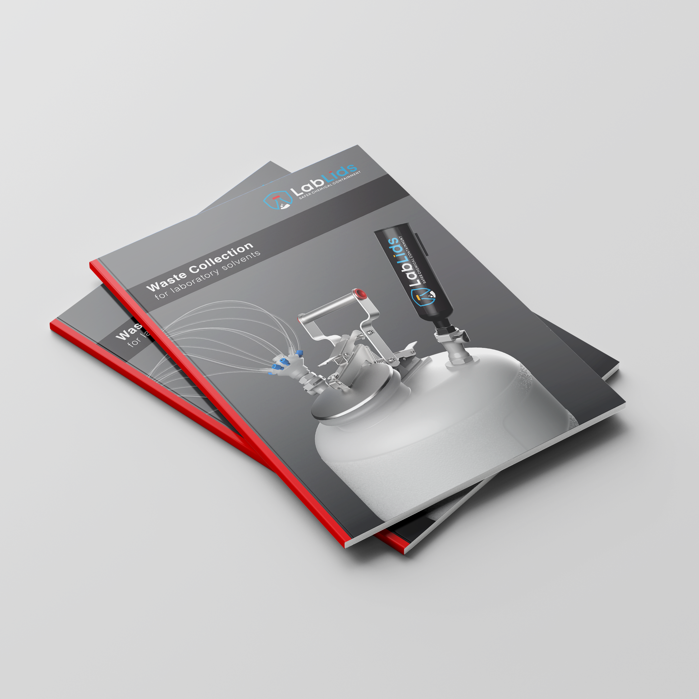 Stack of Lab Lids brochures titled “Waste Collection for Laboratory Solvents,” featuring a modular closed-loop solvent cap system on a safety container.