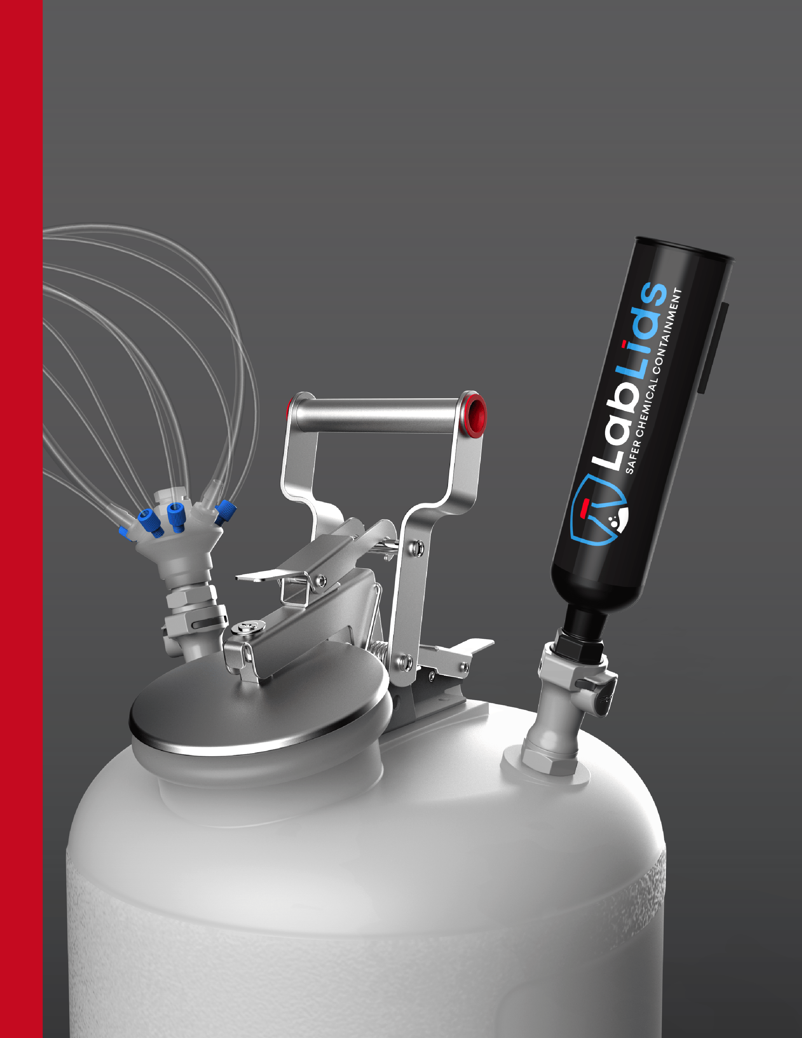Lab solvent waste collection system with secure closed metal container, tubing ports, and carbon exhaust filter for safe chemical handling.